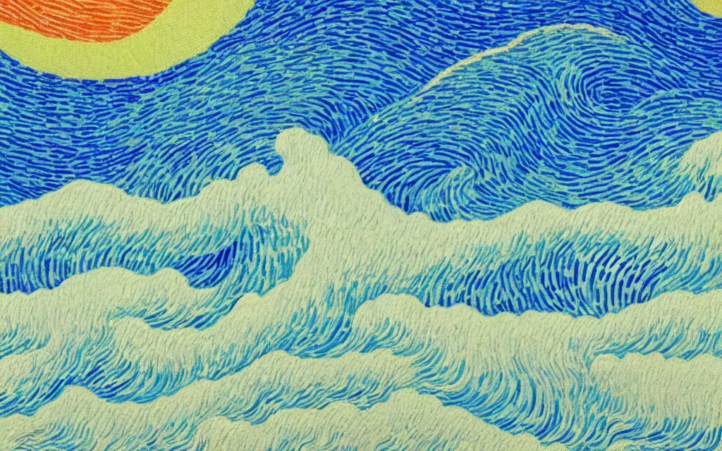 Image similar to a beutiful sunset on a beach, fractal waves. japanese embroidery. retro minimalist art by jean giraud and van gogh.