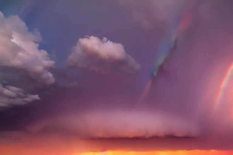 Image similar to a photo of a supercell thunderstorm, rainbow hue, illuminated from various angles by the setting sun, cinematic, mystic hue clouds, breathtaking clouds