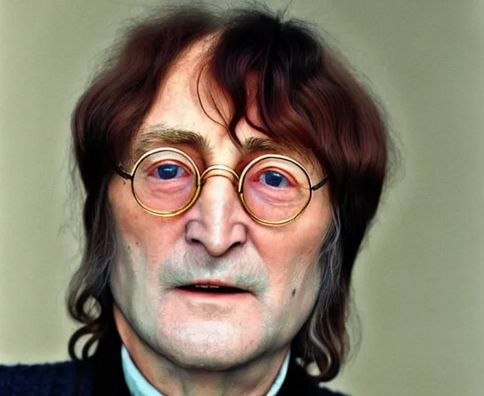 Image similar to A colored colorized real photograph of old John Lennon as an old man in his eighties with short hair in the 2010s, Old John Lennon, taken in the early 2020s, taken on a 2010s Camera, realistic, hyperrealistic, very realistic, very very realistic, highly detailed, very detailed, extremely detailed, detailed, digital art, trending on artstation, headshot and bodyshot, detailed face, very detailed face, very detailed face, real, real world, in real life, realism, HD Quality, 8k resolution, intricate details, colorized photograph, colorized photo, John Lennon as an old man with short hair, old, old man