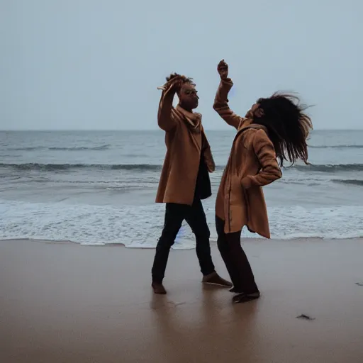 Image similar to zoom in photo of a man and woman, both wearing light brown trenchcoats, dancing together on a beach during cloudy weather, it ’ s night time