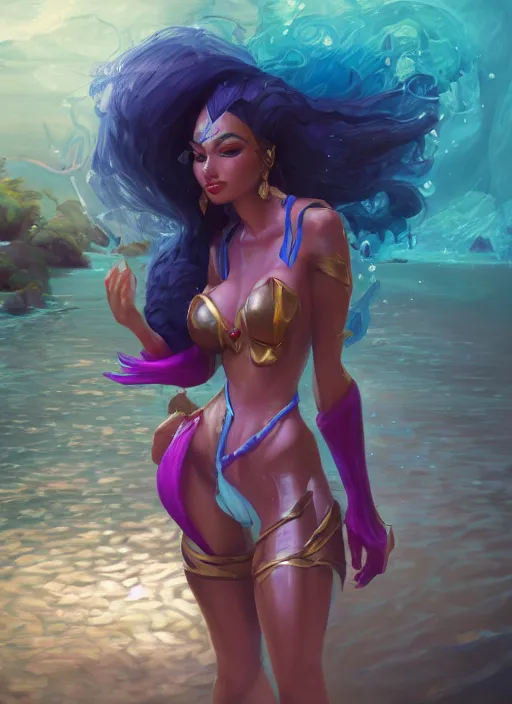 Image similar to qiyana, from league of legends, au naturel, washing in the river, hyper detailed, digital art, trending in artstation, cinematic lighting, studio quality, smooth render, unreal engine 5 rendered, octane rendered, art style by klimt and nixeu and ian sprigger and wlop and krenz cushart