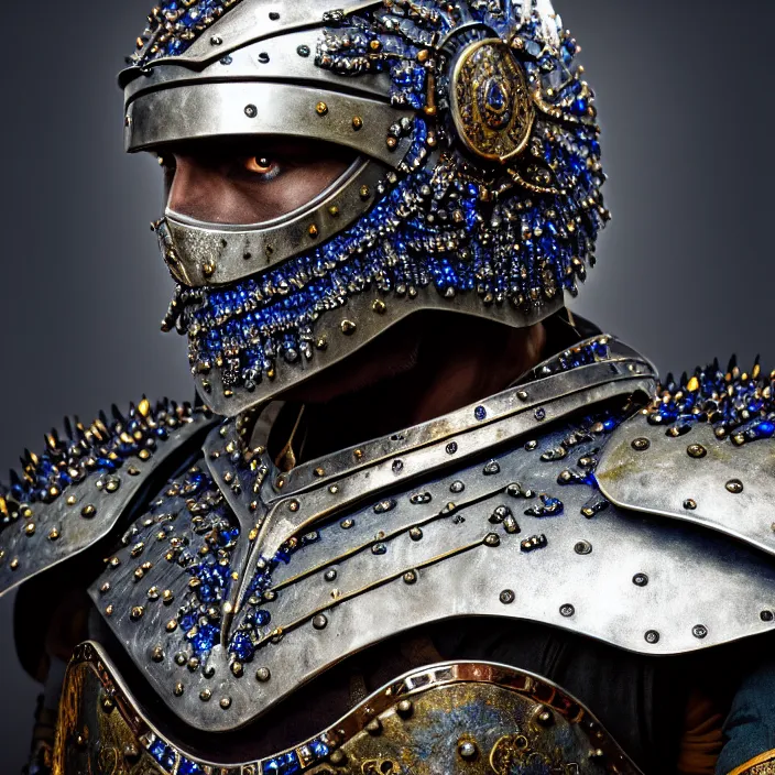 Prompt: portrait photograph of a real-life warrior with sapphire encrusted armour. Extremely detailed. 8k