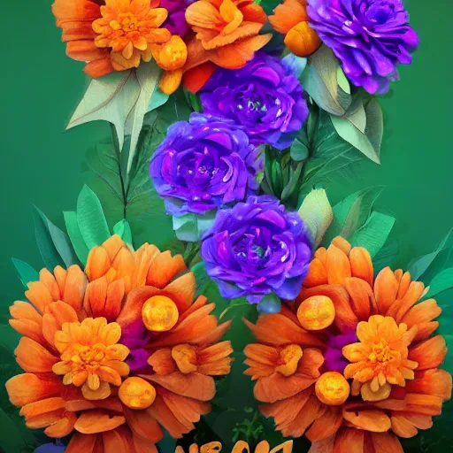 Image similar to a beautiful adorable matte digital painting of a pinata made of orange roses and orange chrysanthemums and purple poppies and green eucalyptus and green leaves, professional lighting, trending on artstation hq, contest winner