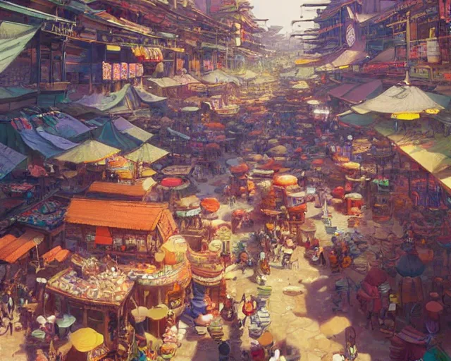 Prompt: colorful, bustling marketplace in a great kitsune city, a fantasy digital painting by Greg Rutkowski and James Gurney, trending on Artstation, highly detailed