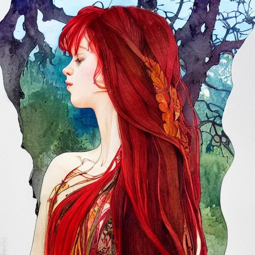 Prompt: side view a beautiful and inspiring intricate watercolor illustration artwork red hair italian girl in the forest, feeling the nature, eyes closed, 4 k, ultra - wide angle, by william turner, by victo ngai, by alphonse mucha, by miho hirano, hd, trending on artstation, hyper detailed, muted colors, inspiring, beautiful, energetic