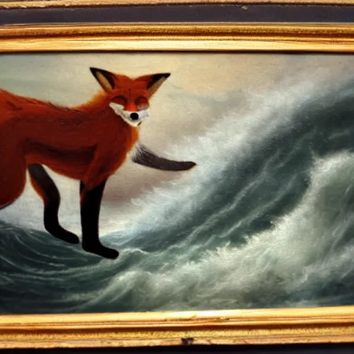 Image similar to anthro fox man in suit about to fall off cliff into scary stormy ocean, far shot, 19th century painting