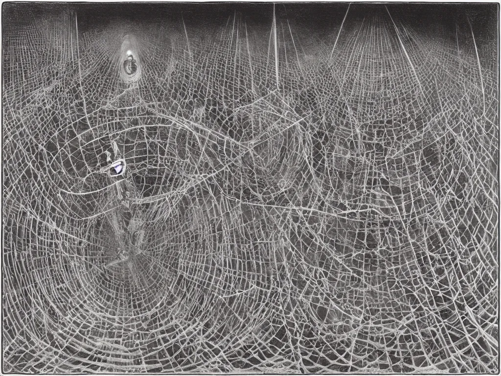 Prompt: Iridescent spider metropolis in the labyrinth infinite cave. Painting by Moebius, Escher, Alfred Kubin, Walton Ford