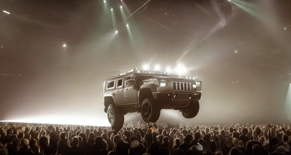 Prompt: silver hummer truck on a stage : : surrounded by fog and a laser show. real photo. realistic.