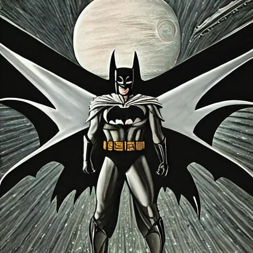 Prompt: batman surfing across the infinite cosmos, silver highlights, grand scale, samurai batman costume, painting by h. r. giger