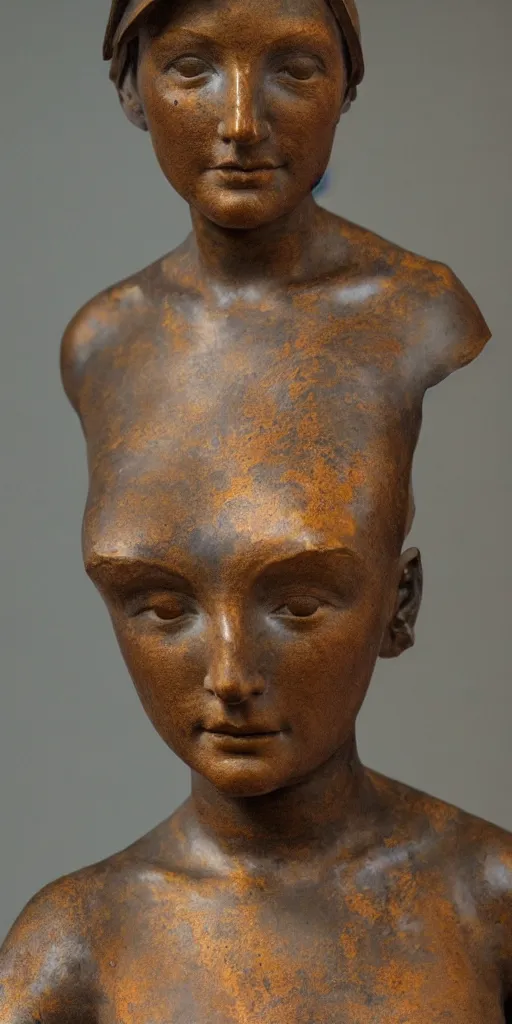 Image similar to detailed photo of an old bronze patina statue of beautiful emma truman, full body portrait, photorealism, intricate detail, museum diffuse lighting