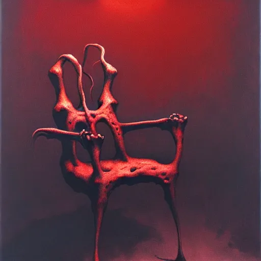 Prompt: horrifying eldritch gaming chair, painting by zdzisław beksinski, product photograph, 4 k, dark atmosphere, horror, rot, oozing, tendrils