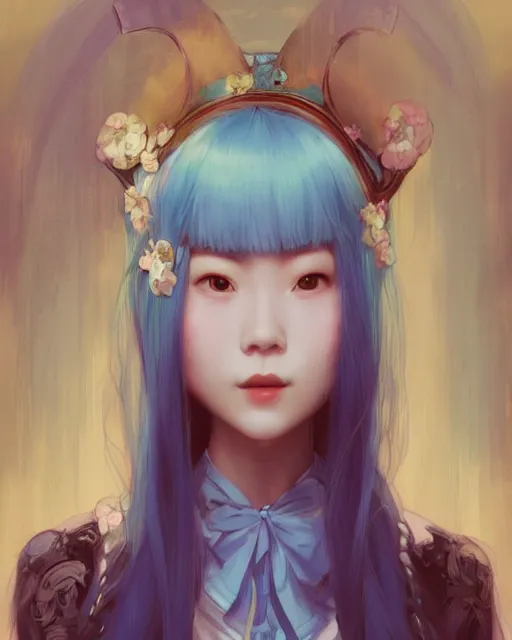 Prompt: symmetrical portrait of a pretty korean girl with blue hair dressed as alice in wonderland, digital painting, 8 k, concept art, art by wlop, artgerm, greg rutkowski and alphonse mucha