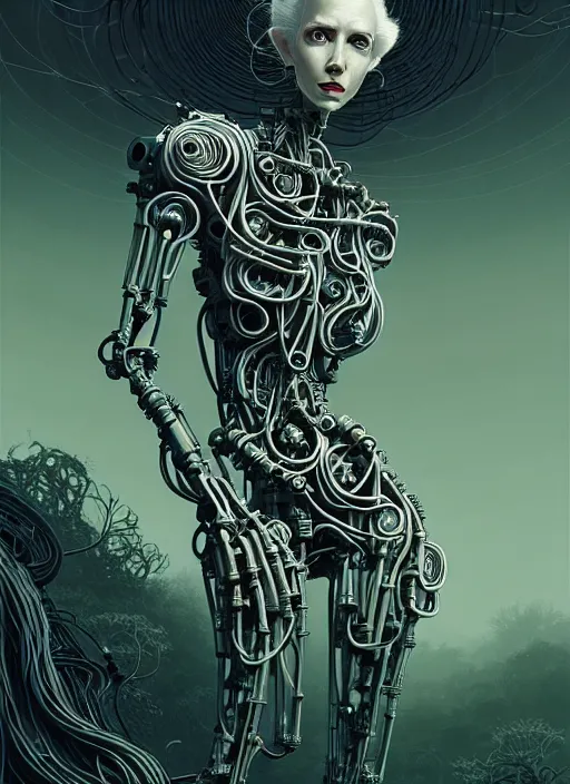 Image similar to highly detailed portrait of a biomechanical long curly white hair tribal lady, stray wiring by atey ghailan, james gilleard, by joe fenton, by greg rutkowski, by greg tocchini, by kaethe butcher, 4 k resolution, gradient green, black and white color scheme!!! ( ( forested robotic dense jungle background ) )