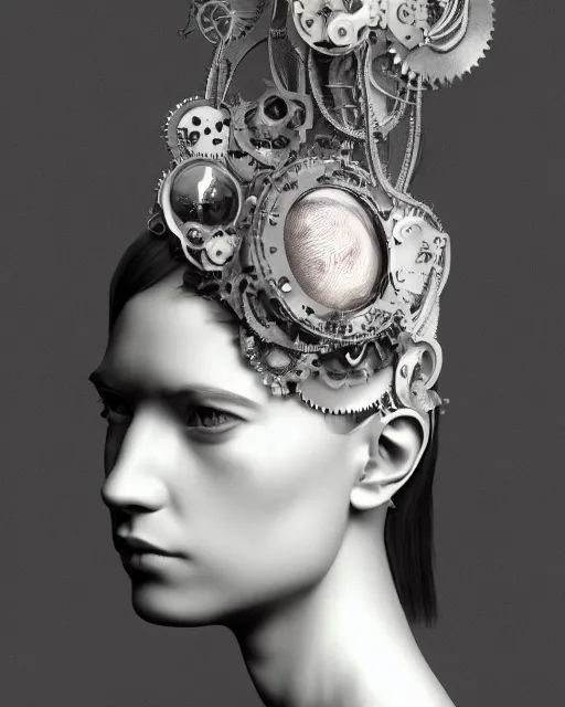 Image similar to black and white dreamy foggy smoky profile face portrait, one silver steampunk eye biomechanical beautiful young female cyclope - cyborg - robot bust, body ribs meshes,, volumetric light, hibiscus flowers, by hg giger, rim light, by dora maar and cecile beaton, big gothic fashion pearl embroidered collar, 8 k