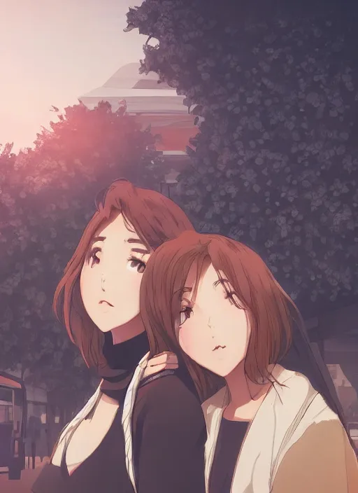 Image similar to two beautiful mothers waiting at a bus stop, gorgeous faces, smooth, thick lines, cinematic lighting, detailed anime art