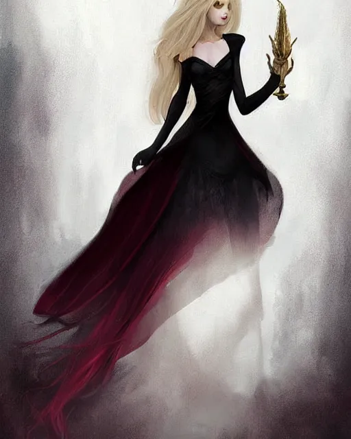 Prompt: tarot, beautiful wicked female occultist, sweeping ombre blonde hair, red eyes, black velvet dress, dark colors, magic Amulet, raven, fantasy painting, trending in Artstation, GSociety, by Charlie Bowater, Brom, Bastien Lecouffe-Deharme