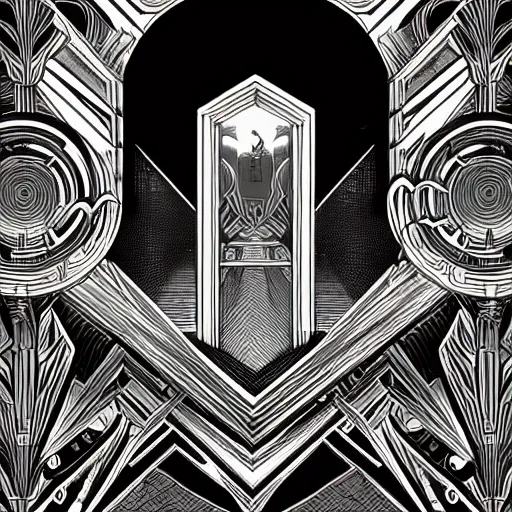 Prompt: black and silver art deco style ink drawing of hyper portal, highly detailed, Nigredo, dark enlightenment, alchemy, Art deco, Vibrant volumetric natural light In style of Josan Gonzalez and Mike Winkelmann and andgreg rutkowski