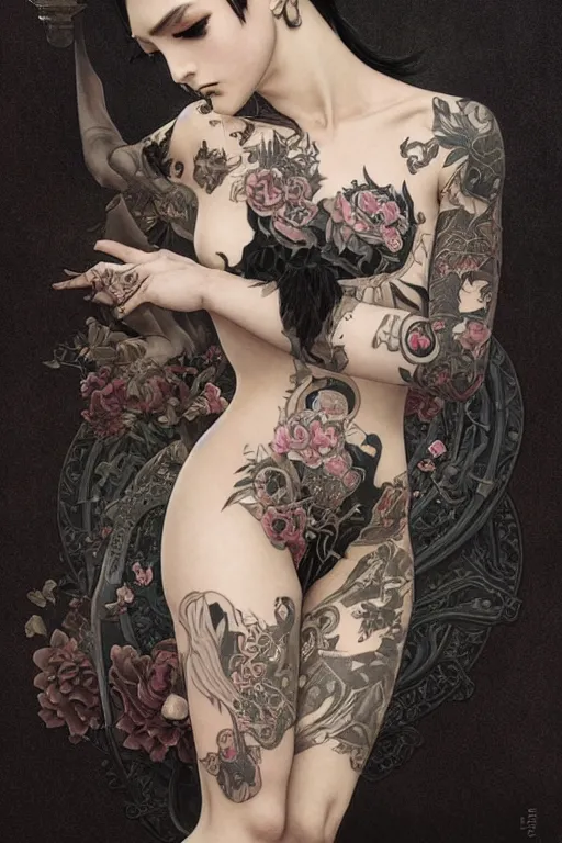 Image similar to goth yakuza girl tattoos, intricate, elegant, highly detailed, digital painting, artstation, concept art, smooth, sharp focus, illustration, art by artgerm and greg rutkowski and alphonse mucha and william-adolphe bouguereau