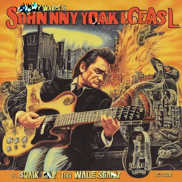 Image similar to album cover for Johnny Cash: The Snake Oil Tapes, album art by Ron Walotsky, snake oil album, snakes, no text