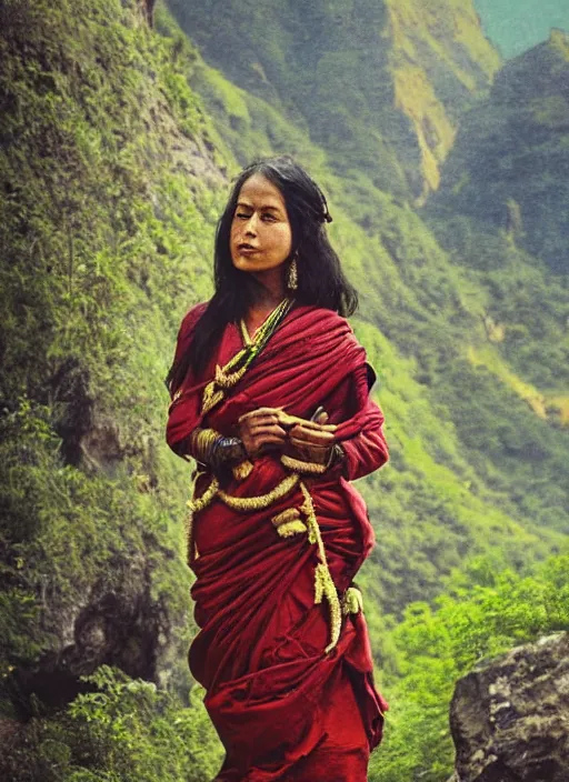 Image similar to vintage_portrait_photo_of_a_beautiful_beautifully_lit_nepalese_Victorian_woman_in_a_lush_valley_with_a_tibetan_monastery_on_a_rock_in_the_background, realistic detailed face