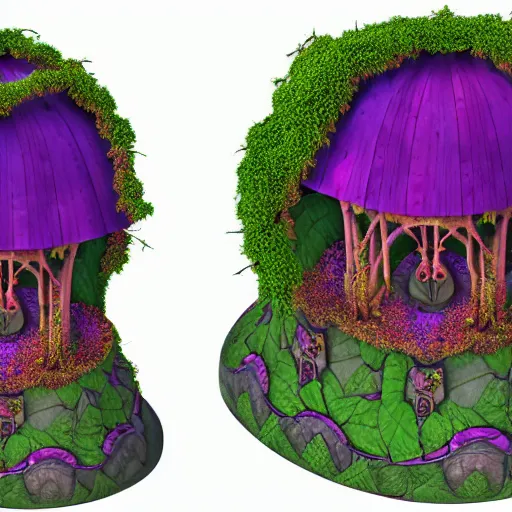 Prompt: A small structure with a dome-shaped roof made from purple vines and some large red flowers with yellow petals at the top, a tall orcish figure stands still inside with its body covered in vines and a large purple crystal at the center, full body render with Vignetting, high-poly count, stylized organic shapes, rendering with Substance Source, detail and texture baked, 8k rendered with Arnold, Vray, Photoshop, ZBrush, Substance Source, Maxwell, Corona and Mental Ray, cinematic lighting and VFX work