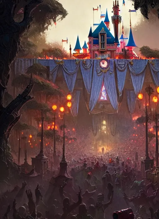 Image similar to masterpiece concept art, disneyland overun by zombies, by greg rutkowski and geof darrow, 8 k, intricate detail, cinematic lighting