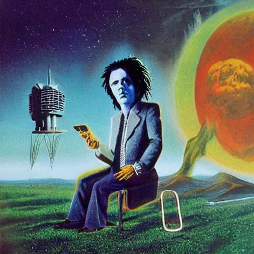 Image similar to robert smith as an alien, illustrated matte painting of a progressive rock album cover, 1 9 7 0 s