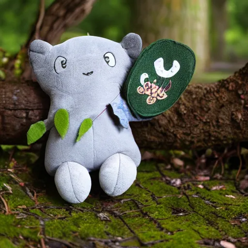 Image similar to a happy dear plush doll with forest background