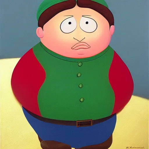 Image similar to a fernando botero painting of eric cartman, oil on canvas, art