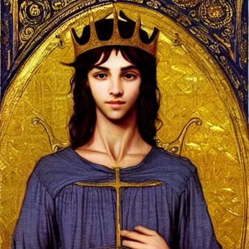 Prompt: painting of handsome beautiful medieval prince in his 2 0 s named shadow wearing a golden crown, elegant, soft facial features, clear, sharp focus, painting, stylized, art, art by john william waterhouse