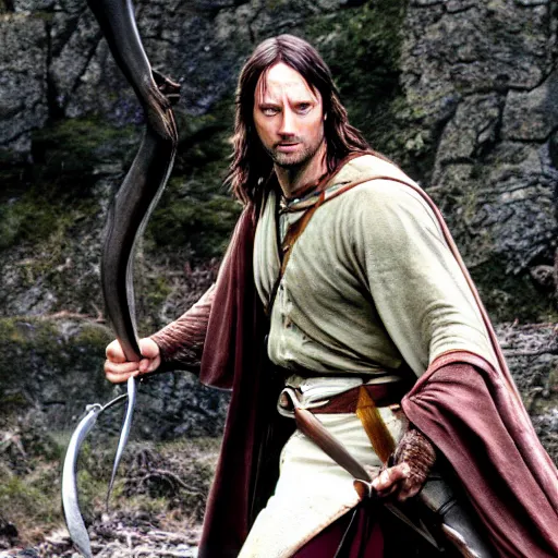 Prompt: Dwight as aragorn in Lord of the Rings, epic photo, 4k, action shot