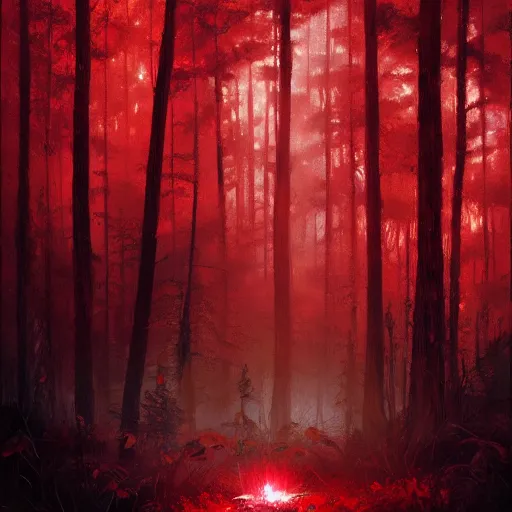 Image similar to A highly detailed oil painting of a blood red, crystal flower glowing bright red in the middle of a dark forest, by Greg Rutkowski.