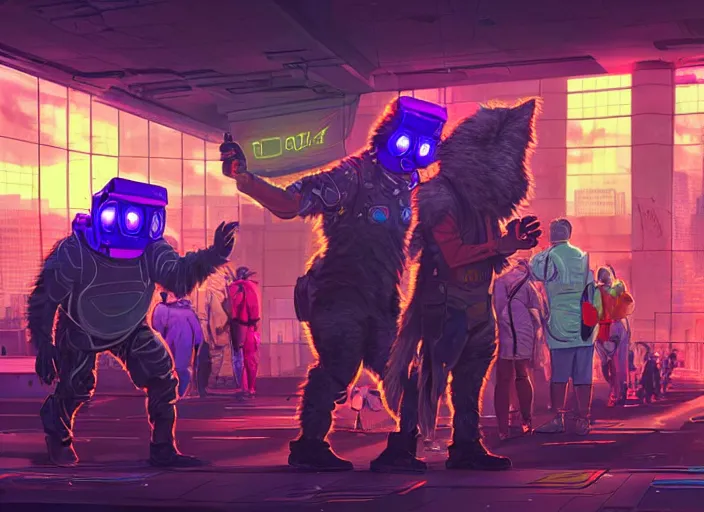 Image similar to high - resolution photograph from a cyberpunk era furry fandom convention ( midwest furfest 2 0 4 7 ), taking place after the genetic revolution and quantum singularity. photorealistic.