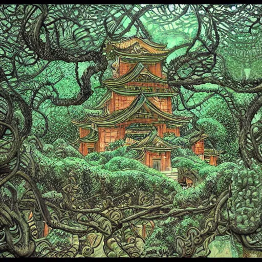 Prompt: hyper-detailed concept art for an ancient underground shrine with lots of vines and moss growing by masashi kishimoto