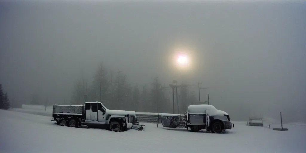 Image similar to photo, big snow plow truck is in the distance with a bright headlighta. cold color temperature, snow storm. hazy atmosphere. humidity haze. kodak ektachrome, greenish expired film, award winning, low contrast,