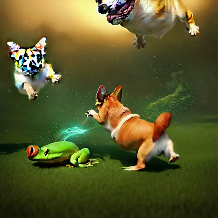 Image similar to epic professional digital art of a corgi chasing a frog, best on artstation, cgsociety, wlop, Behance, pixiv, cosmic, epic, stunning, gorgeous, much detail, much wow, masterpiece by Dorian Cleavanger and Stanley Lau