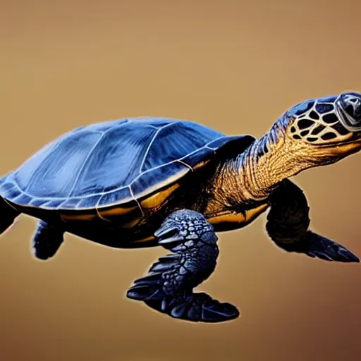 Image similar to hyperrealistic close shot of a turtle paragliding