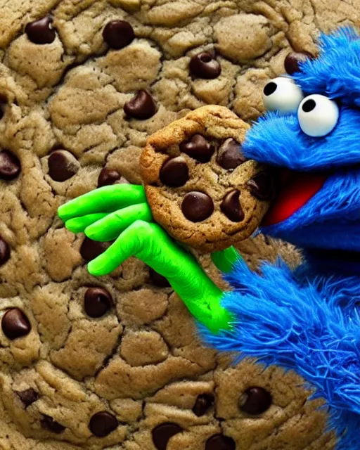 Image similar to cookie monster eating a cookie with kermit the frog on de _ nuke