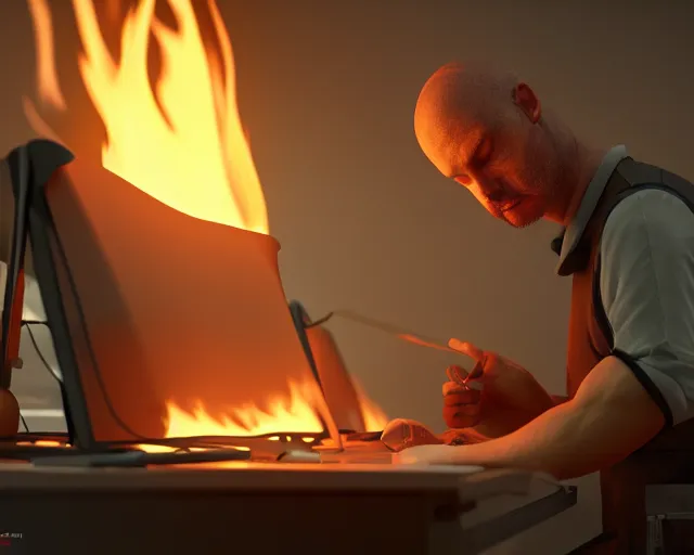 Image similar to a man works at a workstation in a very hot office with burning fires, local close up, featured in artstation, octane render, intricate, ultra detailed, fantasy, concept art, sharp focus, illustration, 8 k