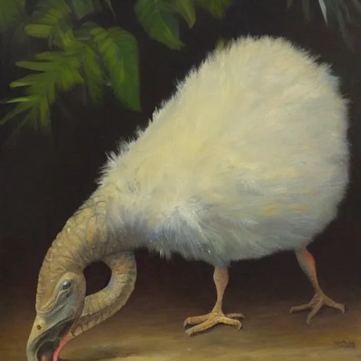 Image similar to a dodo eating a lizard, oil painting