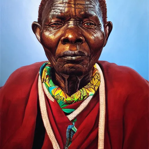 Image similar to a painting of a wise elder from Kenya by Kehinde Wiley . dramatic angle, ethereal lights, details, smooth, sharp focus, illustration, realistic, cinematic, artstation, award winning, rgb , unreal engine, octane render, cinematic light, macro, depth of field, blur, red light and clouds from the back, highly detailed epic cinematic concept art CG render made in Maya, Blender and Photoshop, octane render, excellent composition, dynamic dramatic cinematic lighting, aesthetic, very inspirational, arthouse.