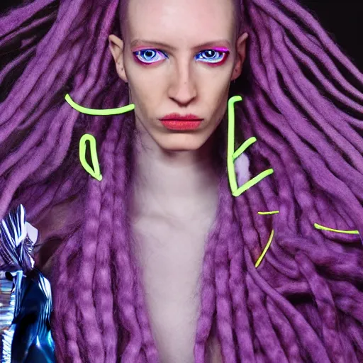 Image similar to haute couture, iris van herpen, mugler, techno mystic, inanna ashteroth with aqua neon rapunzel dreadlocks, nautical siren, princess intergalactica, gateway to futurisma