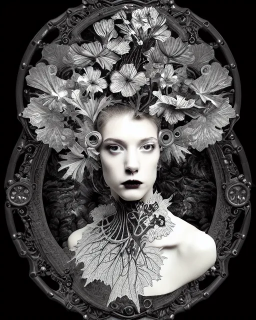 Image similar to masterpiece monochrome profile portrait painting, dutch masters, silver lace floral steampunk biomechanical beautiful one techno eye young female cyborg, big monocular, volumetric light, leaves foliage and stems, hibiscus flowers, by cecile beaton, rim light, big gothic fashion pearl embroidered collar, 8 k