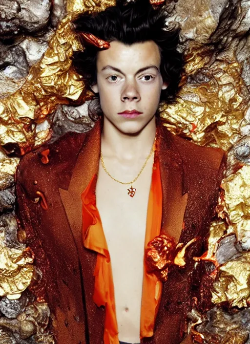 Image similar to anthropormorphic young Harry Styles made out of paper wearing a firey red and orange tissue paper with a golden crown and a black prince tuxedo by Prada. bubbling pools of lava in the crater of a volcano. ethereal, fantasy, Lawrence Alma-Tadema, James Jean, oozium, peter morbacher, angelarium, alchemy, luxury, heavenly light, Soft illumination, Trending on artstation, Cinematic Lighting, very detailed, 3D, octane render, artgerm