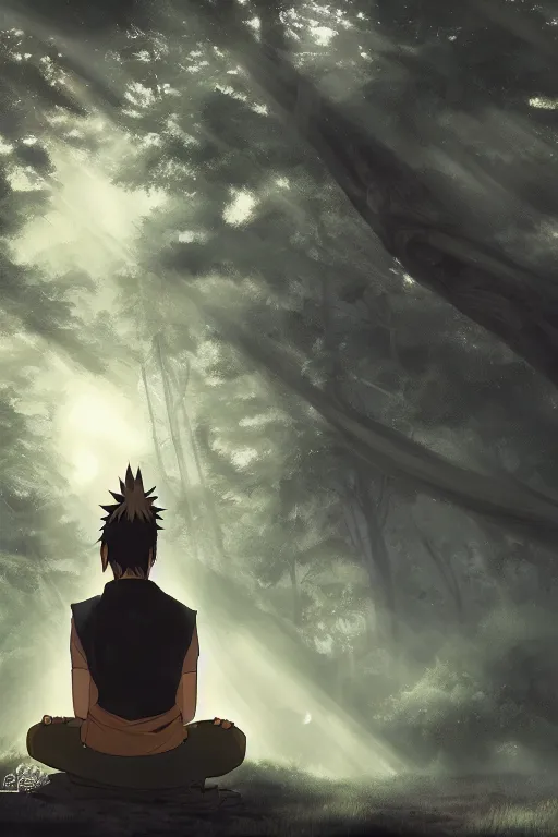 Image similar to photorealistic dark fantasy concept art of Naruto meditating in a forest, dynamic lighting, stunning visuals, realism, cinematic, hyper detailed, ultra detailed, beautiful visuals and sunset