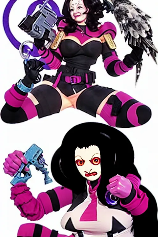 Image similar to fran drescher as screamstress, character design concept for overwatch and my hero academia, illustration in the style of hirohiko araki and shoji kawamori.