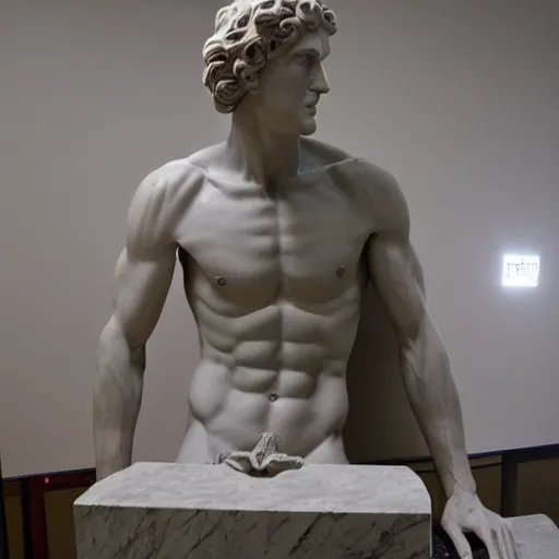 Prompt: epic greek marble statue of a thin tall man, shaved, with very long hair, coding on a laptop