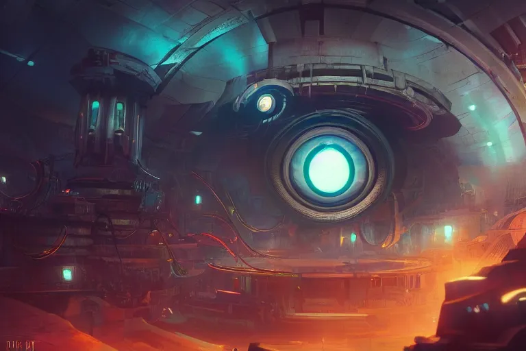 Image similar to a giant mechanical eye, cinematic lighting, abstract, glow, wlop, artgerm, dan mumford, artstation, unreal engine 5, octane render