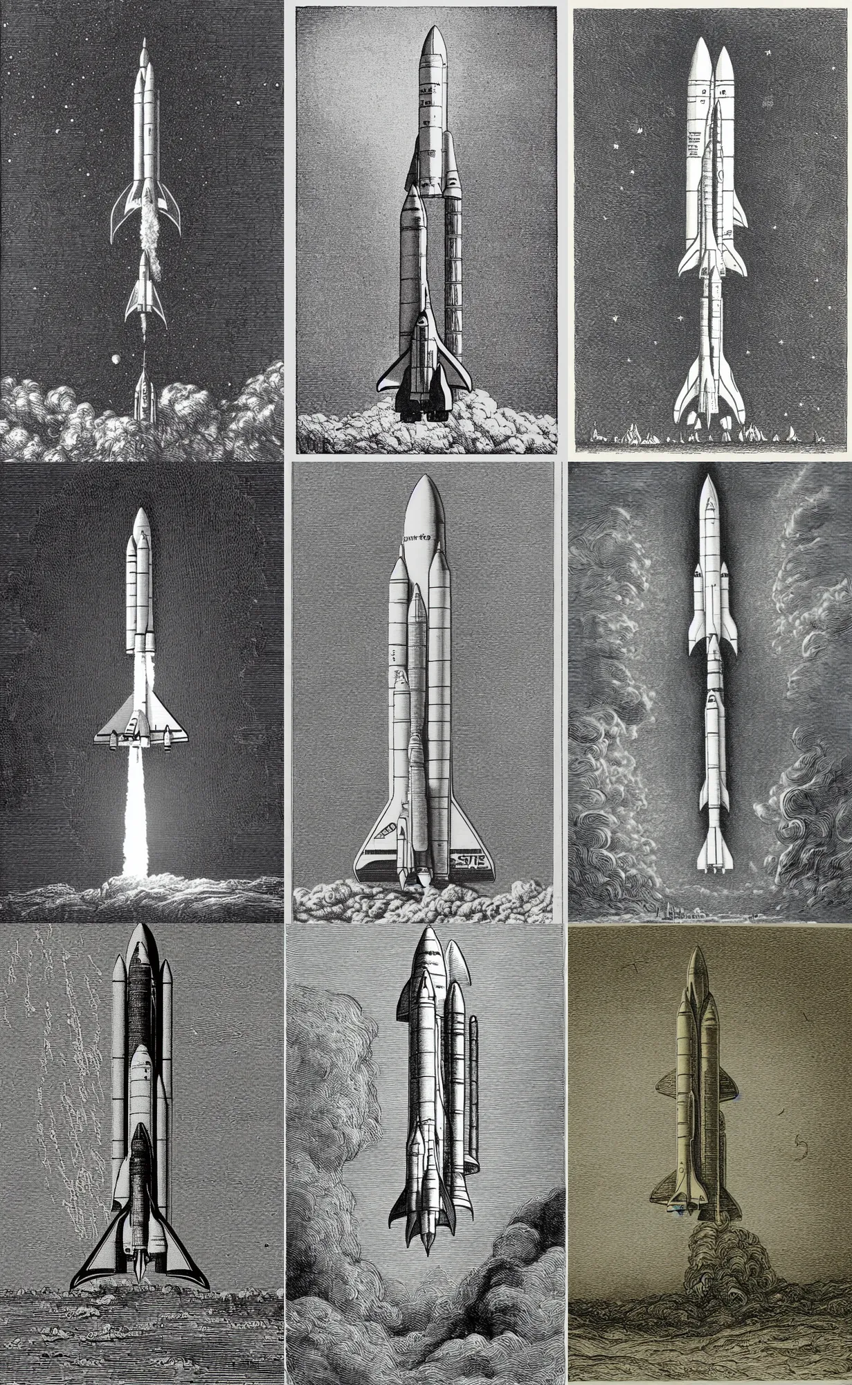 Prompt: etching of space shuttle launch in the style of Gustav Dore