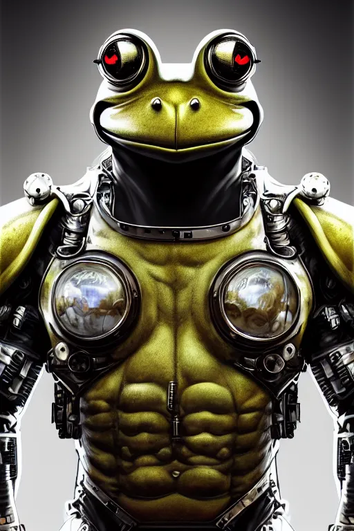 Image similar to a portrait of a muscular anthropomorphic cyberpunk frog in spacesuit armor with ensignia on chest plate by sandra chevrier, by jon foster, detailed render, post - processing, extremely hyperdetailed, intricate, epic composition, cybernetics, 4 k realistic, cryengine, realistic shaded lighting, sharp focus, masterpiece, by enki bilal